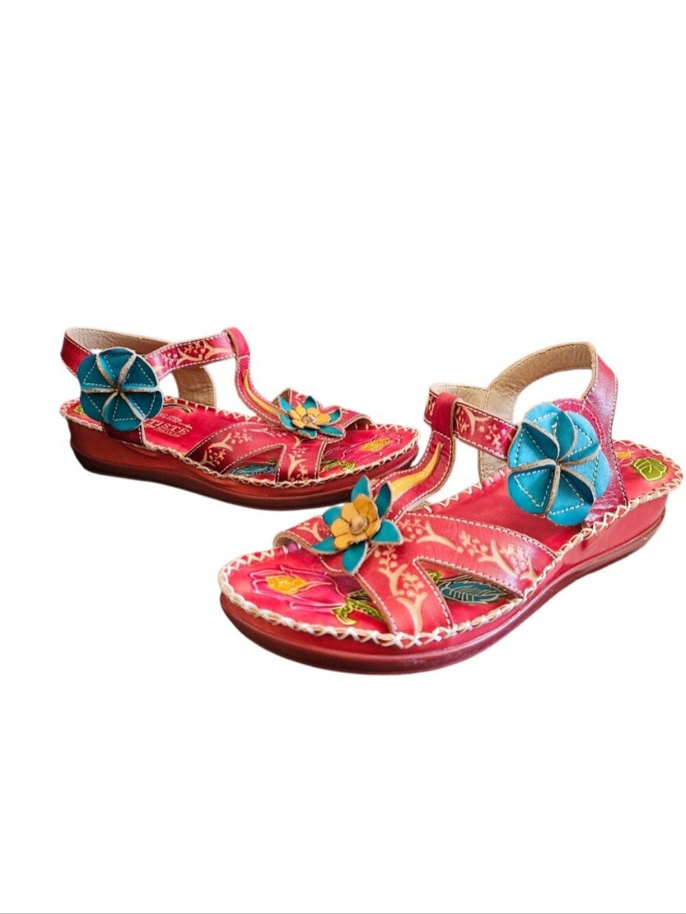 L'Artiste by Spring Step Aiva Red Leather Foral Bohemian  Sandals Size 37